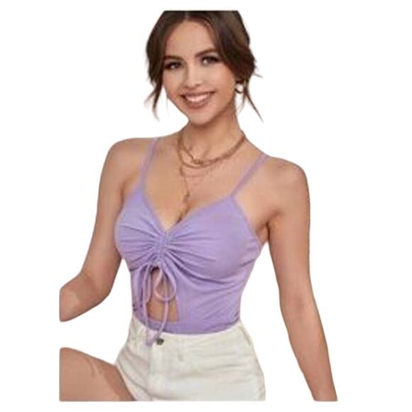 Le Lis S Lavender Purple Tie Up Ruched Keyhole Cutout Camisole Bodysuit - Picture 1 of 7